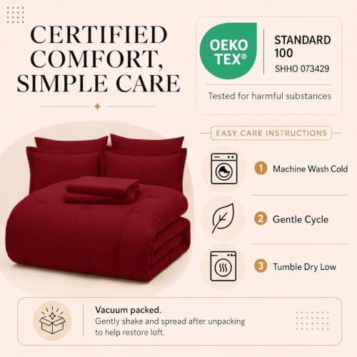 CozyLux King Size Comforter Set Dark Red, 7 Pieces Bed in a Bag