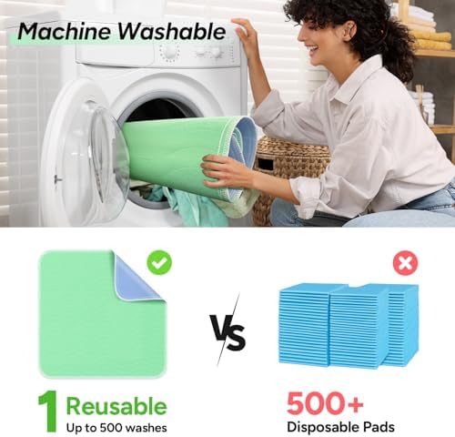 WhyWorry Washable Bed Pads for Adult Incontinence, 34"x36", Green, 4 Count