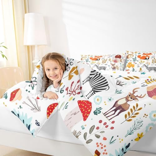 Erosebridal Kids Fox Comforter Set King,Cute Woodland Bear Deer Down Comforter for Boys Girls Bedroom,Cartoon Owl Lovely Animal Wildlife Bedding Sets Flower Leaves Quilt Duvet Set 3 Pcs Colorful