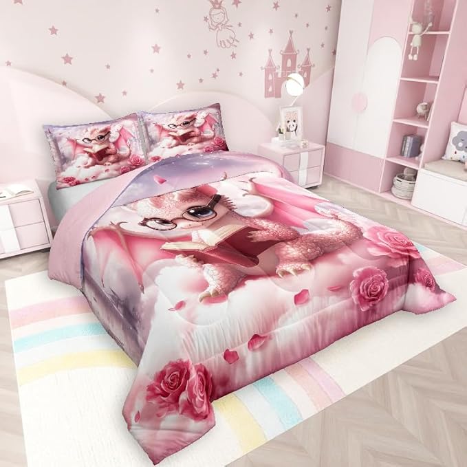 Kawaii Dragon Comforter Set Full Size for Kids Western Magical Animal Bedding Sets All Season Pink Rose Flower Castle Quilt Set Bedroom Decor Dreamy Gradient Sky Down Comforter,3Pcs