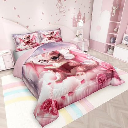 Kawaii Dragon Comforter Set Full Size for Kids Western Magical Animal Bedding Sets All Season Pink Rose Flower Castle Quilt Set Bedroom Decor Dreamy Gradient Sky Down Comforter,3Pcs