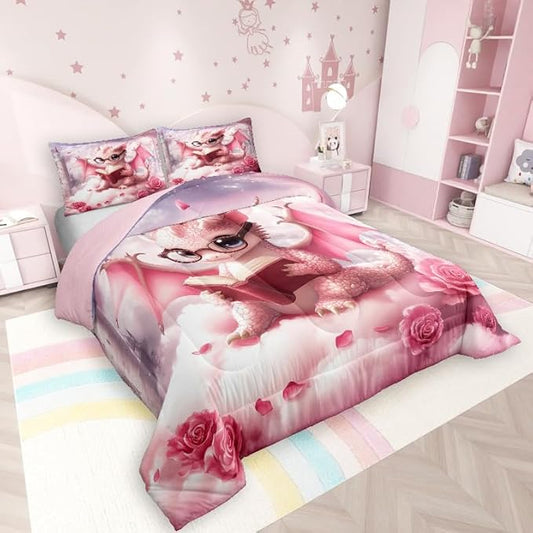 Kawaii Dragon Comforter Set Twin Size for Kids Western Magical Animal Bedding Sets All Season Pink Rose Flower Castle Quilt Set Bedroom Decor Dreamy Gradient Sky Down Comforter,2Pcs