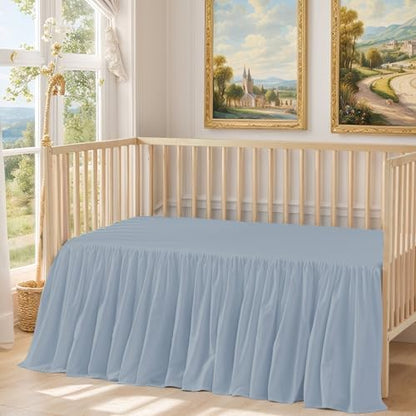 Brandream Attached Crib Skirt Sheet Girls Boys Ruffled Skirt 2-in-1 Design, 100% Cotton, Gender Neutral Crib Skirt Toddler Bedskirt Farmhouse Chic Nursery Crib Bed Skirt, Boho Bohemian Solid Mist Blue