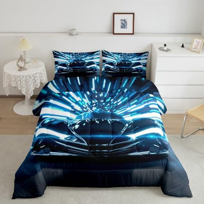 Feelyou Boys Black Speed Sport Car Soft Comforter Set Extreme Sports Teens Bedding Set for Kids Girls Racing Car Comforter Automobile Competition Quilt Set Bedroom Collection 3Pcs Queen Size
