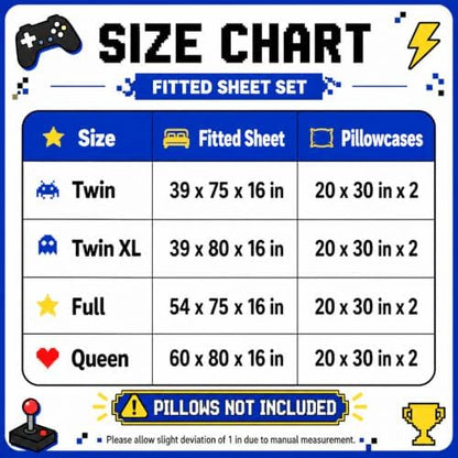 AILONEN Video Game Fitted Sheet Set,Boys Full Bed Sheet Set,Video Gamer Console Joystick Controller Bed Sheet Set,Computer Retro Arcade Play Gaming Sheet Set 3Pcs, 1 Fitted Sheet and 2 Pillowcases