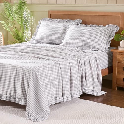 Gingham Queen Sheet Set, Lightweight Super Soft Brushed Microfiber Plaid Bed Sheets with 16" Deep Pocket, 4 Piece Ruffle Farmhouse Bedroom Decor, Gray