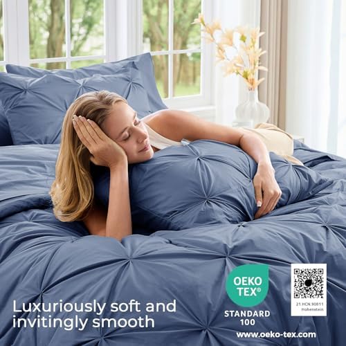 Sasttie Twin Comforter Set, 5-Piece Bed in a Bag, Pintuck Bedding Sets for All Season, Includes Comforter, Flat Sheet, Fitted Sheet, Pillowcase and Pillowsham, Slate Blue
