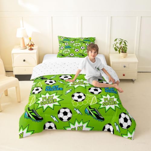Castle Fairy Soccer Comforter Set Twin Size,Football Shoes Lightning Bedding Sets 2Pcs for Kids Girls Boys Teens Room Decor,Ball Sports Gaming Quilted Duvet Modern Green Down Comforter,1 Pillowcase