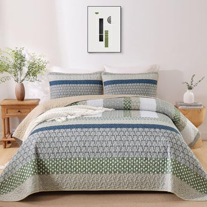 WONGS BEDDING King Quilt Set Khaki Green, 3 Pieces Striped Bedspread