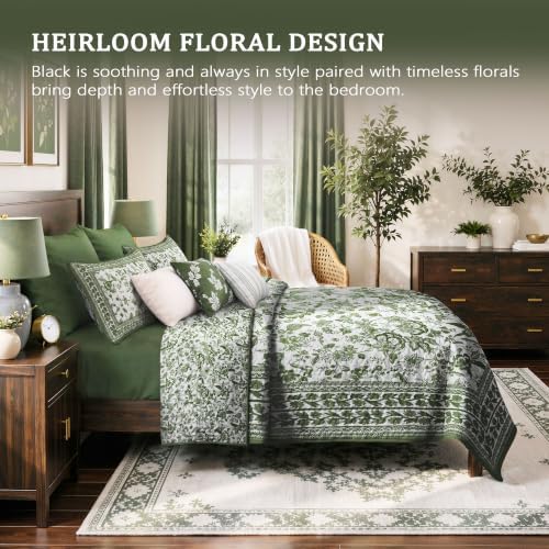 FLYMME Green Vintage Floral Quilt Set Full/Queen Size, 3-Piece Classic Reversible Bedspread Coverlet with 2 Pillow Shams, Lightweight Botanical Bedding Set for All Season