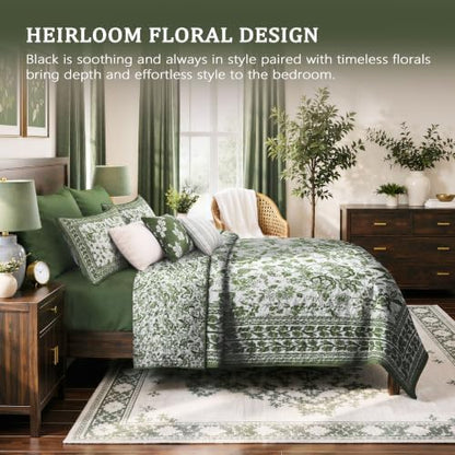 FLYMME Green Vintage Floral Quilt Set Full/Queen Size, 3-Piece Classic Reversible Bedspread Coverlet with 2 Pillow Shams, Lightweight Botanical Bedding Set for All Season