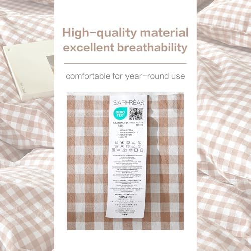 SAPHREAS Gingham Duvet Cover Set King Size, 100% Washed Cotton Linen Like Plaid Comforter Cover with Zipper Closure & Corner Ties (No Comforter), 104x90 Taupe