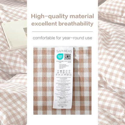 SAPHREAS Gingham Duvet Cover Set King Size, 100% Washed Cotton Linen Like Plaid Comforter Cover with Zipper Closure & Corner Ties (No Comforter), 104x90 Taupe