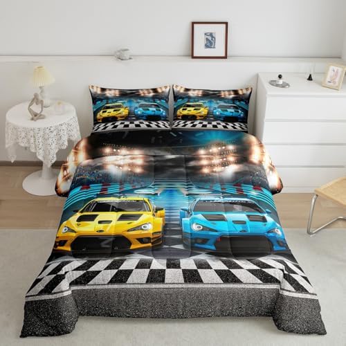 Feelyou Sports Car Comforter Extreme Sports Decor Comforter Set for Kids Boys Yellow Blue Race Car Bedding Set Cool Speed Competitive Racing Car Quilt Set Room Decor 2Pcs Twin Size