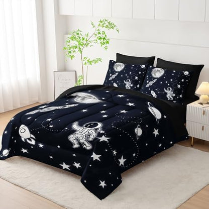7pcs Space Comforter Set3D Space Rocket Planets Printed Bedding Set with 1 Comforter, 1 Flat Sheet, 1 Fitted Sheet and 4 Pillowcases for Boys and Girls Bedroom (Rocket Full