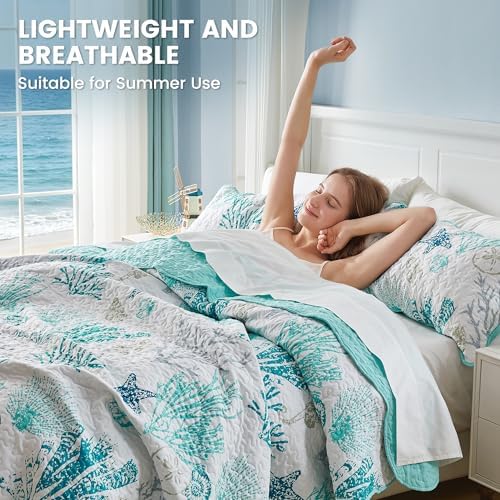 Qucover Coastal Quilt King Size 98"x106", Ocean Beach Themed Bedding with Seashell Coral Pattern, Soft Lightweight Reversible Microfiber Bedspread, Nautical Coverlet for Summer, Teal Green