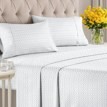 Queen 4 Piece Floral Sheet Set - Soft, Breathable & Cooling - Grey Damask