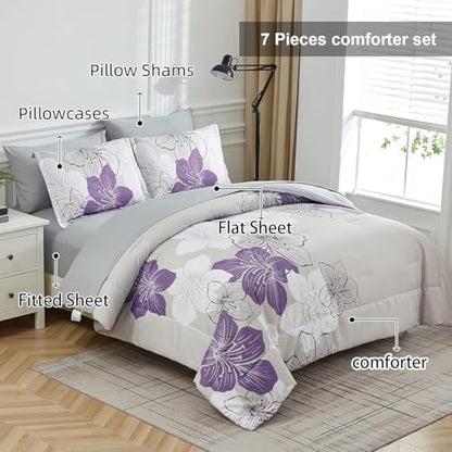 Luxudecor Floral Comforter Set Full Size Purple Floral Pattern Bedding Comforter Soft Microfiber 7 Pieces Bed in a Bag (1 Comforter, 2 Pillow Shams, 1 Flat Sheet, 1 Fitted Sheet, 2 Pillowcases)