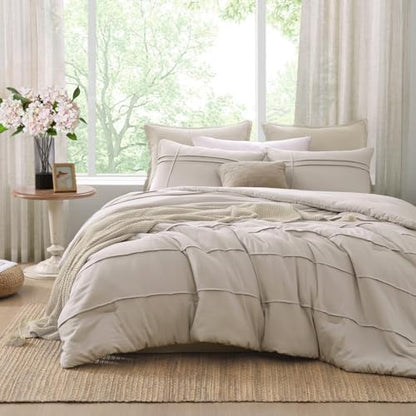 Beige Boho Twin XL Comforter Set, 2 Piece Pinch Pleat Boho Bedding Sets, Dorm Twin XL Comforter for College Girls Boys(Beige,66"*90")