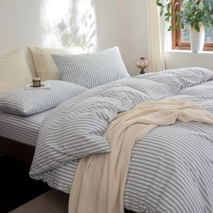 FOSSA Striped Duvet Cover Set 100% Washed Cotton Linen Feel California King