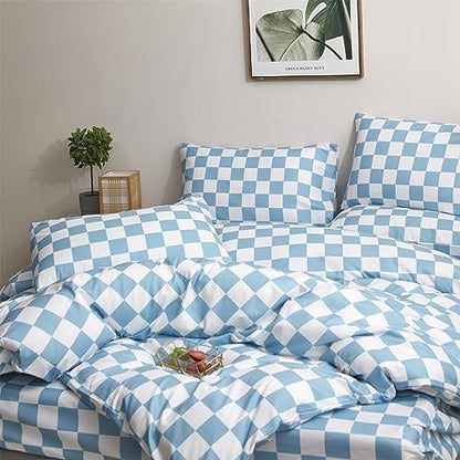 Wellboo Blue White Plaid Comforter Sets King Women Men Light Blue and White Checkerboard Grid Bedding Comforters Cotton Boys Girls Modern Dusty Blue Checkered Geometric Quilts Luxury Sky Blue Bed