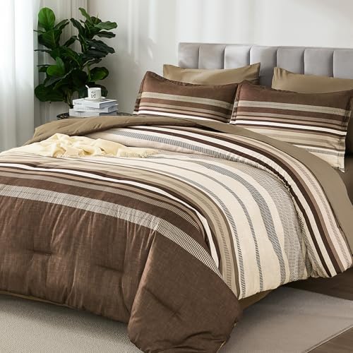 Dobuyly Brown Comforter Set Queen Size 7 Piece, Boho Striped Bed in a Bag Queen Soft Microfiber Chocolate Brown Bedding Sets with Comforter, Sheets, Pillowcases & Shams All Season