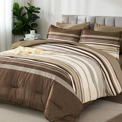 Dobuyly Brown Comforter Set Queen Size 7 Piece, Boho Striped Bed in a Bag Queen Soft Microfiber Chocolate Brown Bedding Sets with Comforter, Sheets, Pillowcases & Shams All Season