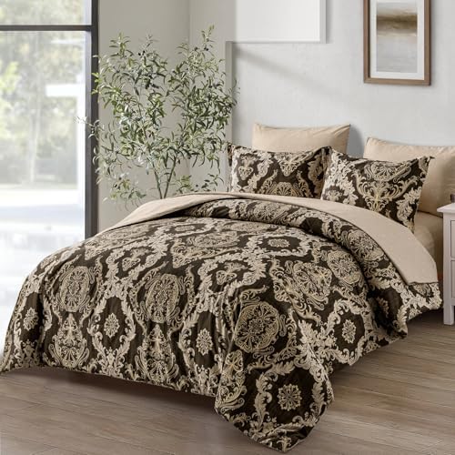 WONGS BEDDING 7 Pieces Comforter Set Queen Size,Damask Texture Design Bed in a Bag Bedding Sets,Brown Soft Lightweight Microfiber Bedding Set for All Season