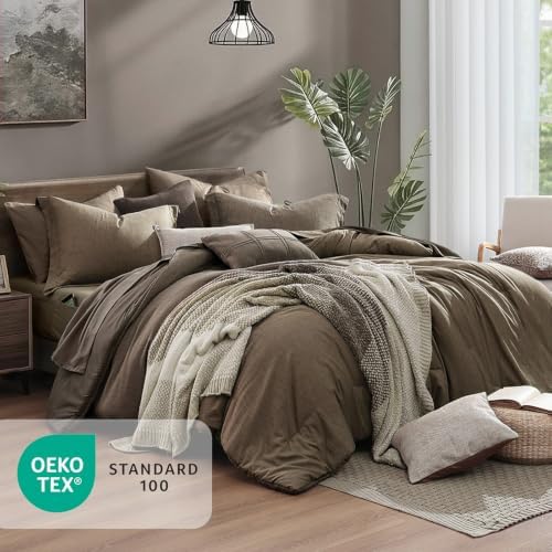 Monbix Queen Comforter Set 7 Pieces Cationic Dyeing Taupe Grey Bed in a Bag
