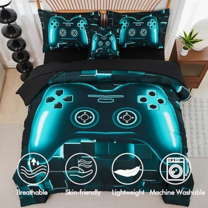 PERFEMET 6-Piece Boys Gamer Comforter Set Full Size Teal Blue Video Game Controller Bedding Comforter Set with Sheets Lightweight 3D Black Gaming Pattern Bed in a Bag for Kids Teen(Teal, Full)