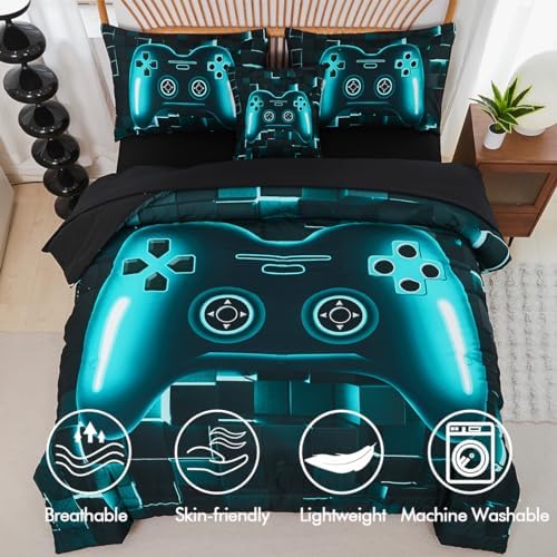 PERFEMET 6-Piece Boys Gamer Comforter Set Queen Size Teal Blue Video Game Controller Bedding Set with Sheets Lightweight 3D Black Gaming Pattern Bed in a Bag for Kids Teen(Teal, Queen)