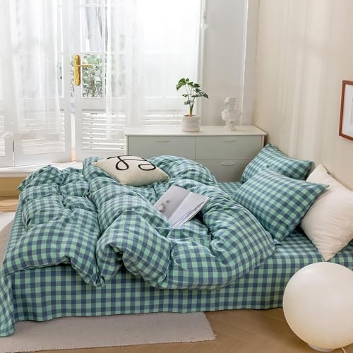 mixinni Green Gingham Grid Duvet Cover King, 100% Washed Cotton Modern Geometric Bedding Set with 2 Pillowcases, Farmhouse Style Blue Plaid Comforter Cover Set for Men & Women, Soft & Lightweight