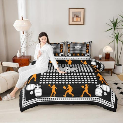 Castle Fairy Pickleball Bedding Set King Size Athlete Silhouette Comforter for Child Teens Sports Ball Gaming Down Comforter Geometric Circle Dots Duvet Insert with 2 Pillowcases