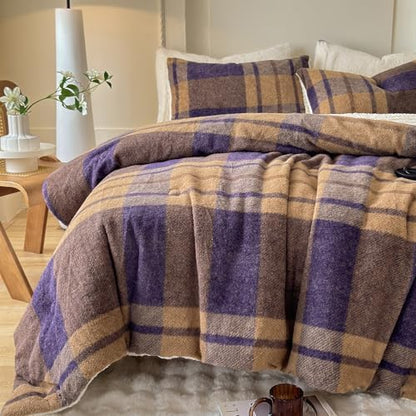 Cyusri Plaid Sherpa Comforter Set 3Pcs Fluffy Warm Fleece Down Alternative, Khaki Blue Grid Pattern Bedding Set with 2 Pillowcases, Queen Size 90"x90"