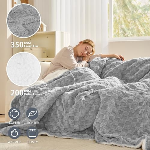 Heated Blanket Twin 62" x 84", Checked Electric Blanket, Gray