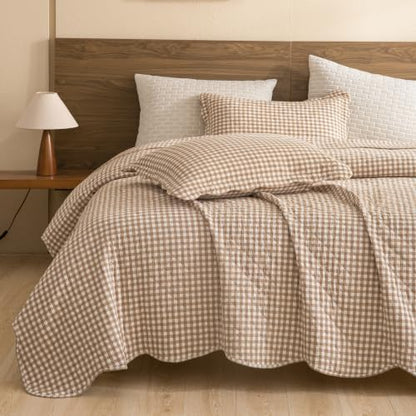 Lady Ann 100% Cotton Twin Quilt Set - Tan Gingham Quilted Bedspread, Soft 68x86 Khaki Plaid Coverlet with 1 Scalloped Edge Pillow Sham, Lightweight Farmhouse Bedding Set for All Season