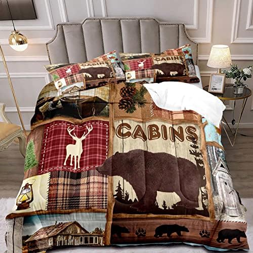 LUVIVIHOME 2PCS Deer Bear Cabin Comforter Set, Twin Comforter, Elk Moose Forest Animal Wildlife Hunting Hunter Red Buffalo Plaid Patchwork Quilt Country Lodge Rustic Farmhouse Bedding, 1 Pillow Sham