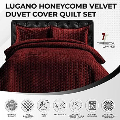 Tribeca Living Lugano Oversized Velvet Quilt Set - All Season, Extra Large, 2 Piece Twin Size Comforter Set with 1 Pillow Sham in Burgundy Honeycomb Pattern 260GSM