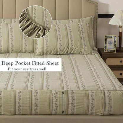 FADFAY 100% Cotton Queen Bed Sheet Set 4-Piece, Woven Jacquard Floral, Soft & Breathable,Olive Green, Deep Pocket Fitted Sheet, Envelope Pillowcase, Luxury Farmhouse & Cottagecore Bedding