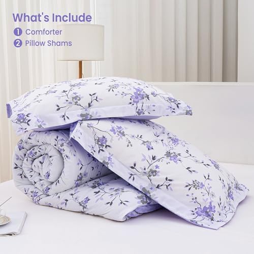Mooreeke Floral Queen Size Comforter Sets, Lightweight Purple Lavender Botanical Printed Bedding for All Seasons, 3-Piece Vintage Bed in a Bag with Fluffy Quilted Reversible Comforter & 2 Pillow Shams