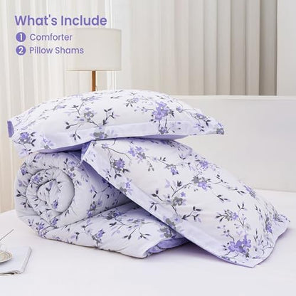 Mooreeke Floral Full Size Comforter Sets, Lightweight Purple Lavender Botanical Printed Bedding for All Seasons, 3-Piece Vintage Bed in a Bag with Fluffy Quilted Reversible Comforter & 2 Pillow Shams