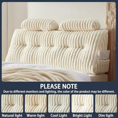Rycwola Faux Fur Headboard Pillow with 2 Pack Neck Roll Pillow Large Headboard Pillow Soft and Supportive with Removable Cover (Beige, Queen)