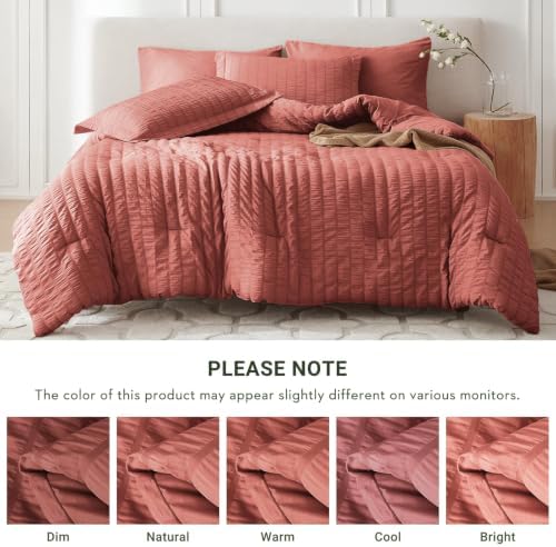 MUXHOMO 7 Pieces King Comforter Set, Seersucker Bed in a Bag King Size, All Season Luxury Bedding Set with Comforter, Flat Sheet, Fitted Sheet, Pillowcases & Shams, Coral