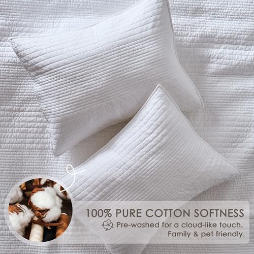 palassio Striped White 100% Cotton Quilt Twin Size Bedding Sets, Lightweight Crinkly Channel Pick Stitch Textured Bedspread Soft Shabby Chic Farmhouse Country Coverlet for All Season, 1 Sham