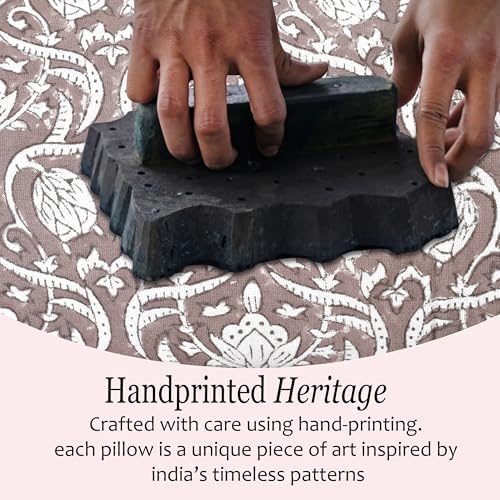 CPC Block Print Mocha Regal Ruffle Cotton Lumbar Pillow Cover 12x20 inch
