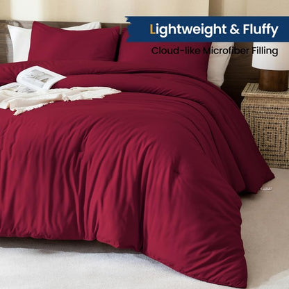 Paxrac Burgundy Comforter Set Queen, 3 Pieces Lightweight Solid Bedding Set, Soft Fluffy Comforter, All Season Bed Set (90"x90" Comforter & 2 Pillowcases)