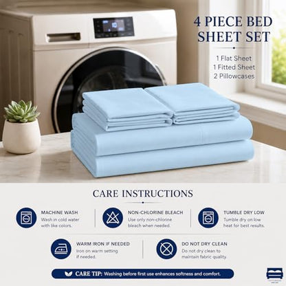 Cottingon 4 PC Olympic Queen Sheets, 15" Deep, Egyptian Cotton, Light Blue