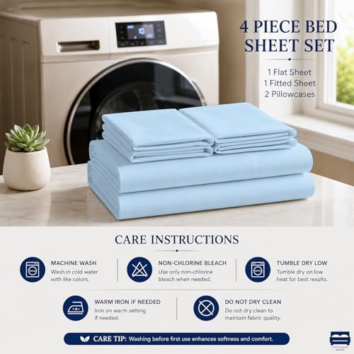 Cottingon 4 Piece Full Sheets Fits 16" Deep, Egyptian Cotton, Light Blue