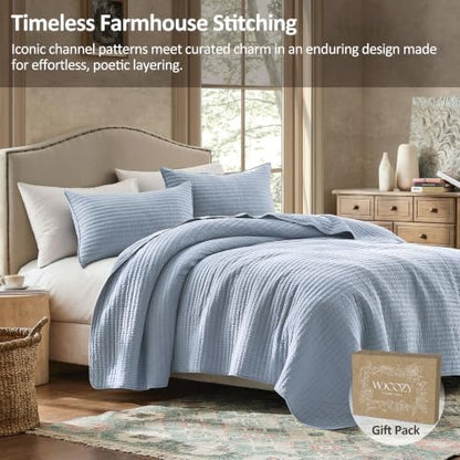 WDCOZY 100% Cotton Queen Size Quilt Set, Channel Pick Stitch, Light Blue