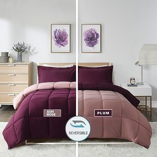 HIG 3pc Plum Queen Comforter Set - All Season Reversible Down Alternative Comforter with Two Shams - Quilted Duvet Insert with Corner Tabs - Box Stitched - Breathable, Soft, Fluffy